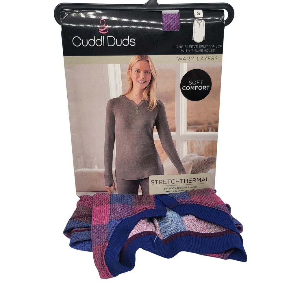 Cuddl Duds Stretch Thermal Split V-Neck Thumbholes Plaid Top S‎ New
